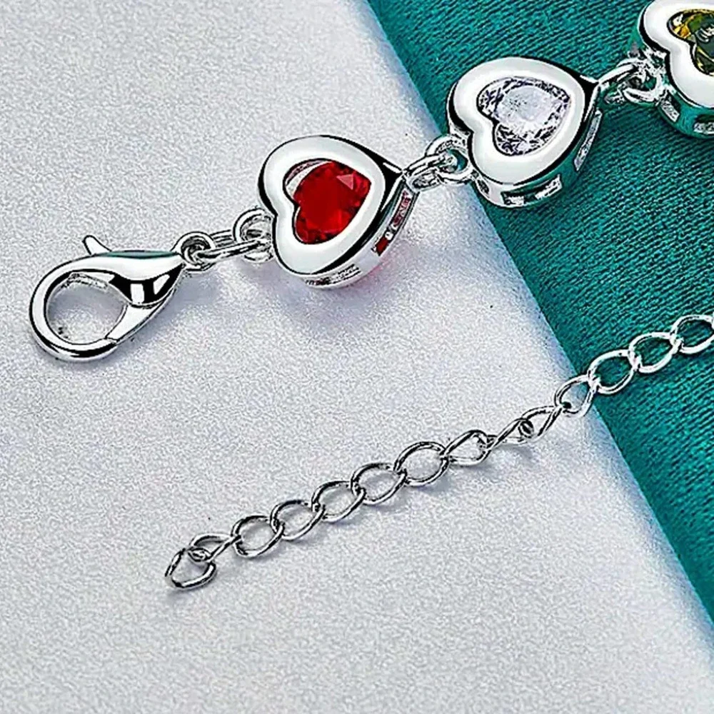 Sterling Silver Heart Multicolor Gemstone 925 Stamped Bracelet - Picture 12 of 12